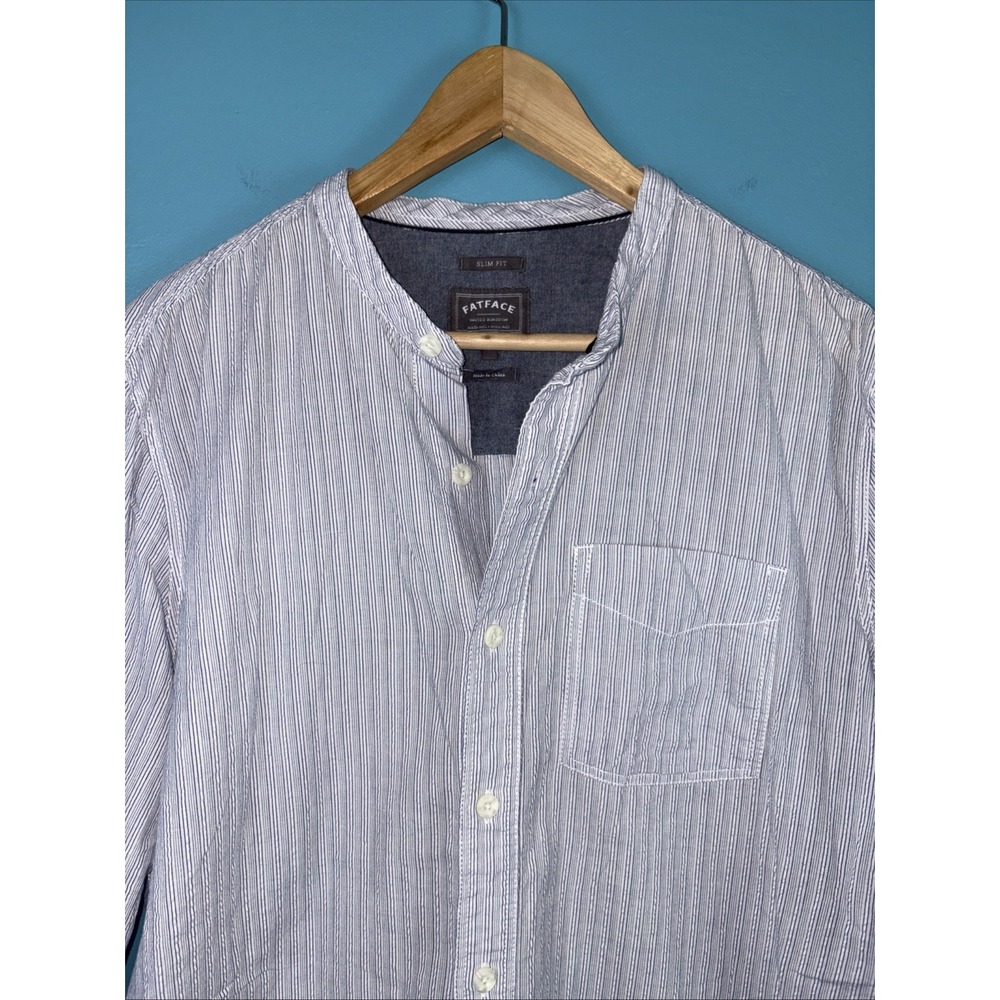 Fat Face Band Collar Long Sleeve Button Up Shirt Large Striped Old Money Gent